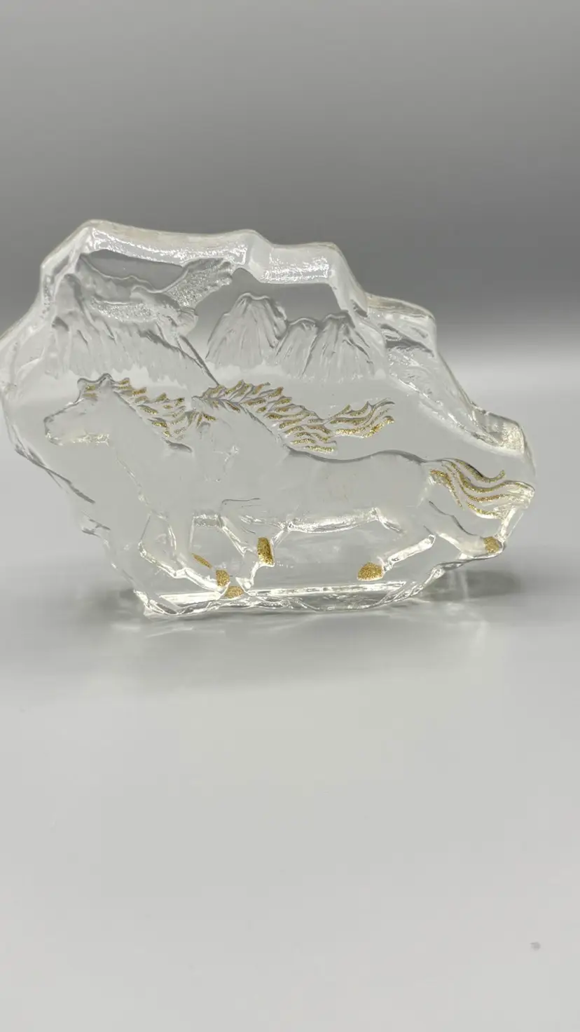 Clear Glass Slab With Molded Horses and Gold Accents.