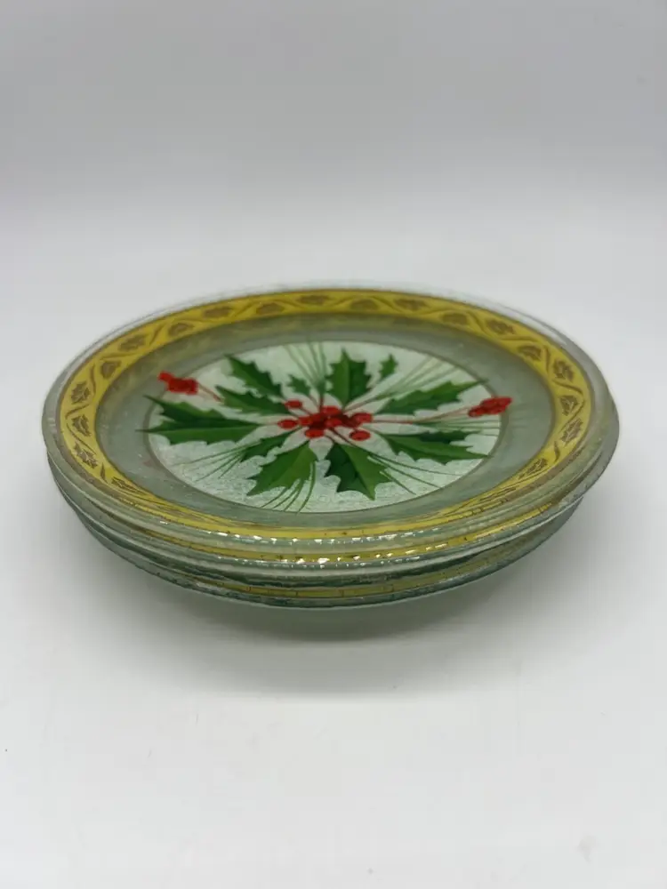 Set Of 4 Gorham Festive Holly Glass Dessert Or Appetizer Plates