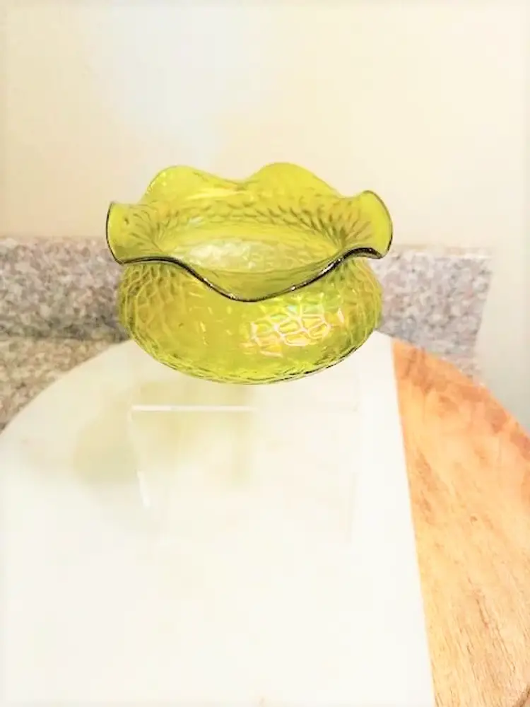 Antique Art Nouveau Kralik Martele Rigaree Green Iridescent Glass Bowl Dish 4 1/2" tall x 4 1/2" wide | Vintage Ruffled Rim Trinket Bowl Blown Glass Dish