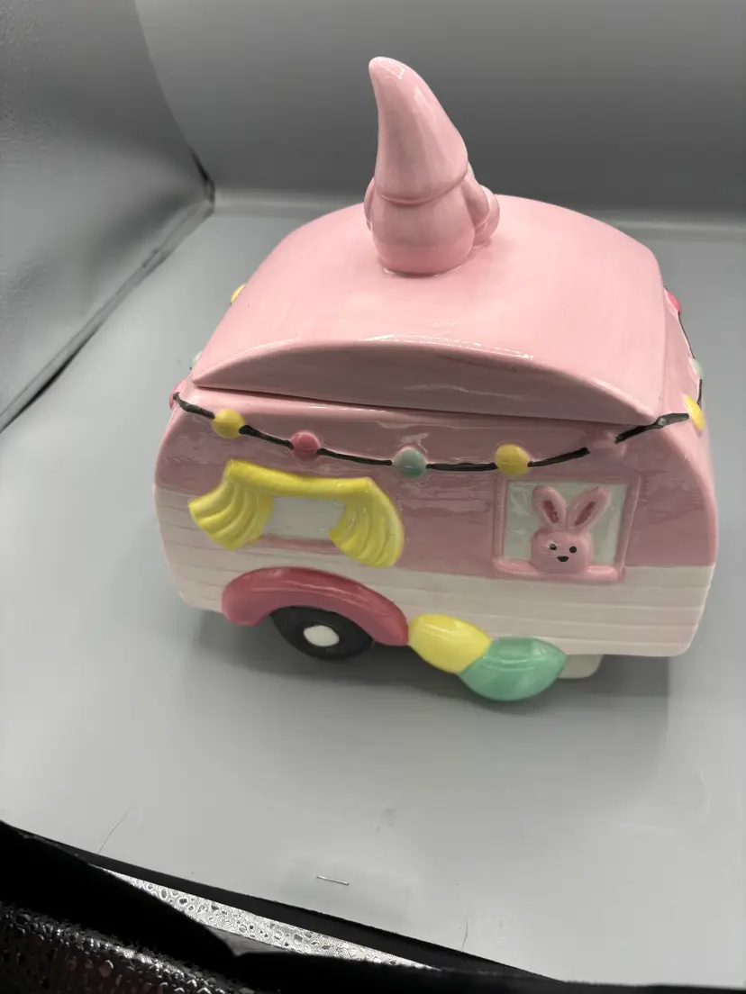 Ceramic Easter Gnome Camper trailer cookie jar
