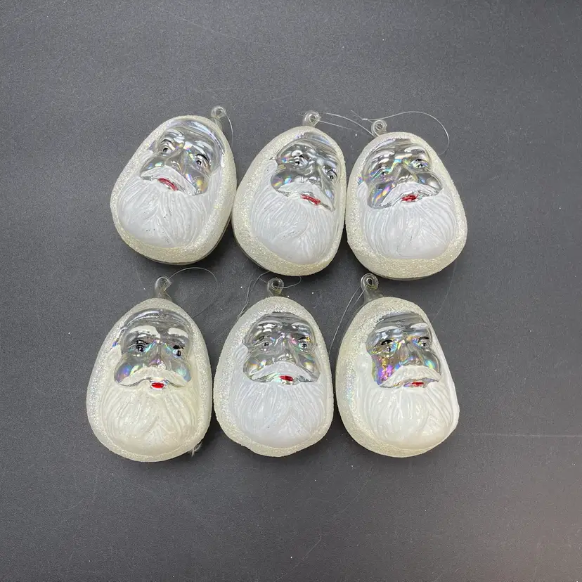 Santa Head Face Blown Glass Christmas Ornaments Set of 6 White Mica Vintage