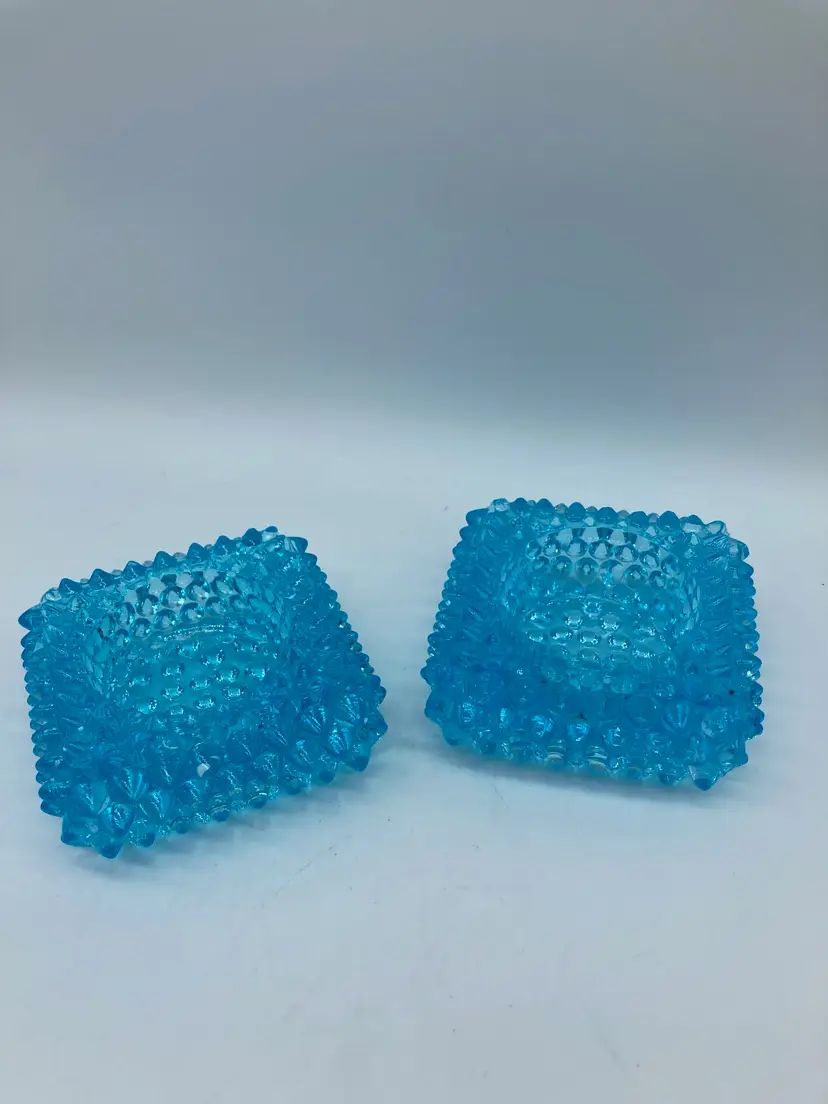 2 Vintage Brooks Hobnail Glass Blue 3" Sq. Salt Cellar Votive Candle Holder *