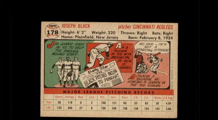 1956 Topps #178a Joe Black - (pk-tl2) - Cincinnati Redlegs