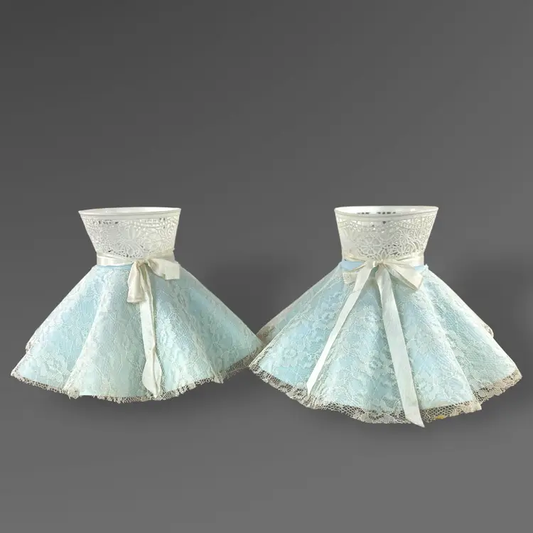 Blue Plastic and Lace Lamp Shades Set 2 Boudoir or Vanity Lighting 1950s 1960s
