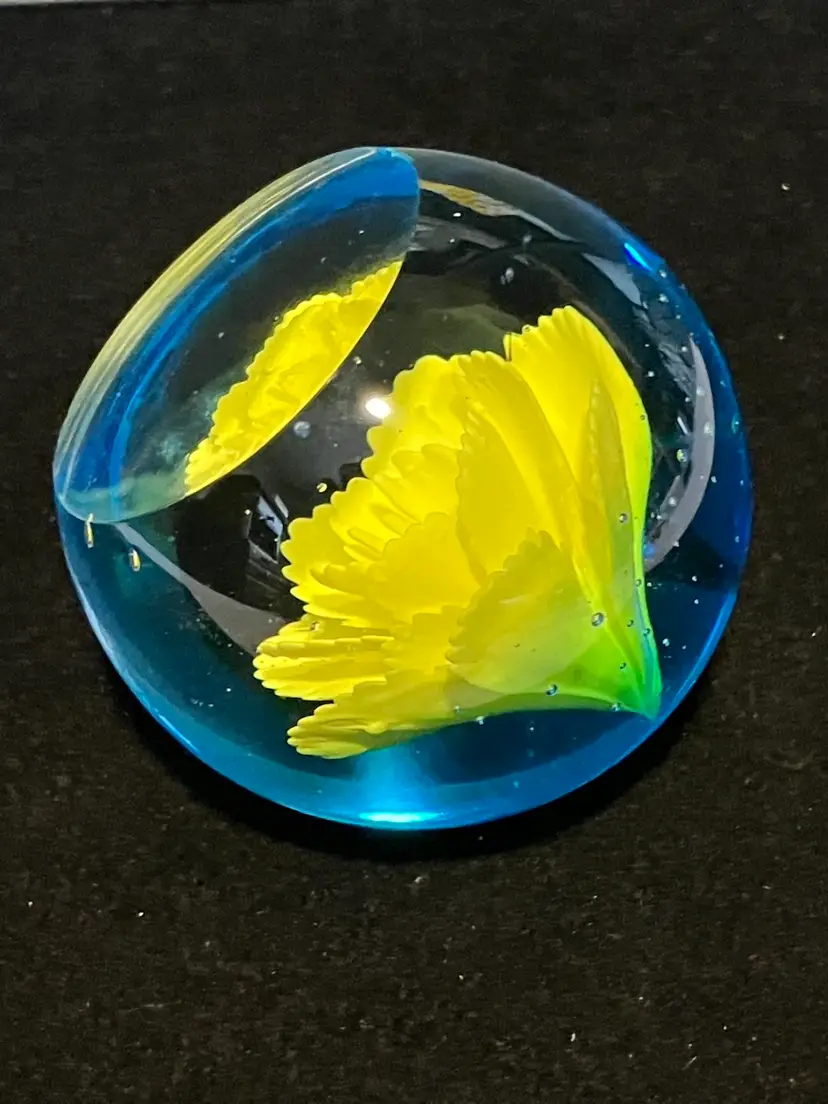 Blue And Yellow Art Glass Flower Paperweight