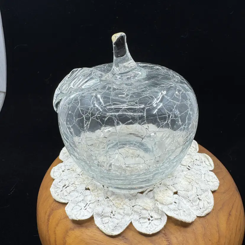 Hollow Clear Crackle Glass Apple With Leaf
