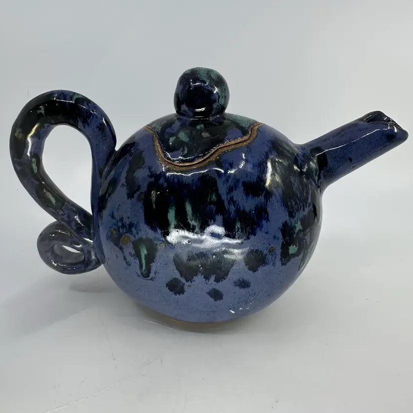 Blue Drip Glazed Handmade Pottery Pitcher Signed