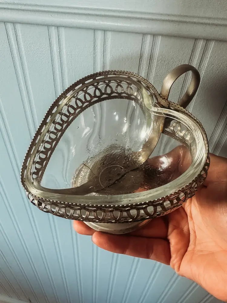 Silver Plate Heart Shaped Candy/Trinket Dish With Glass Insert - England
