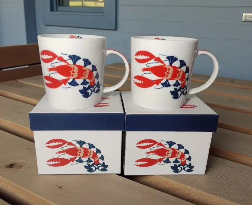 PPD Thomas Paul Porcelain Lobster Coffee Mugs Pair NEW Nautical Marine Patriotic