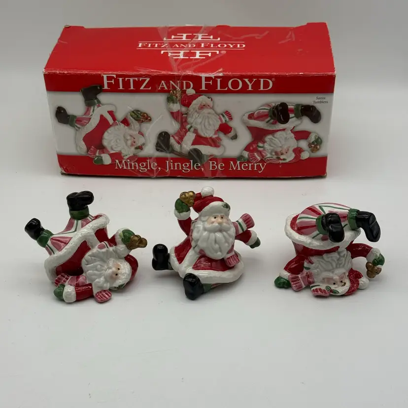 Vintage Fitz And Floyd Be Merry Santa Tumblers, Mingle, Jingle, Be Merry In Box