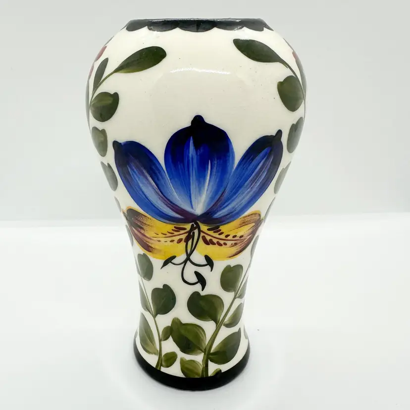 Vintage Czech Erphila Pottery Vase Hand Painted Folk Art Flowers Floral Marked