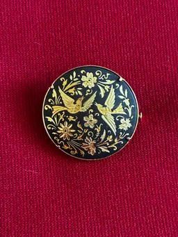 Vtg Damascene Floral Bird Brooch J258