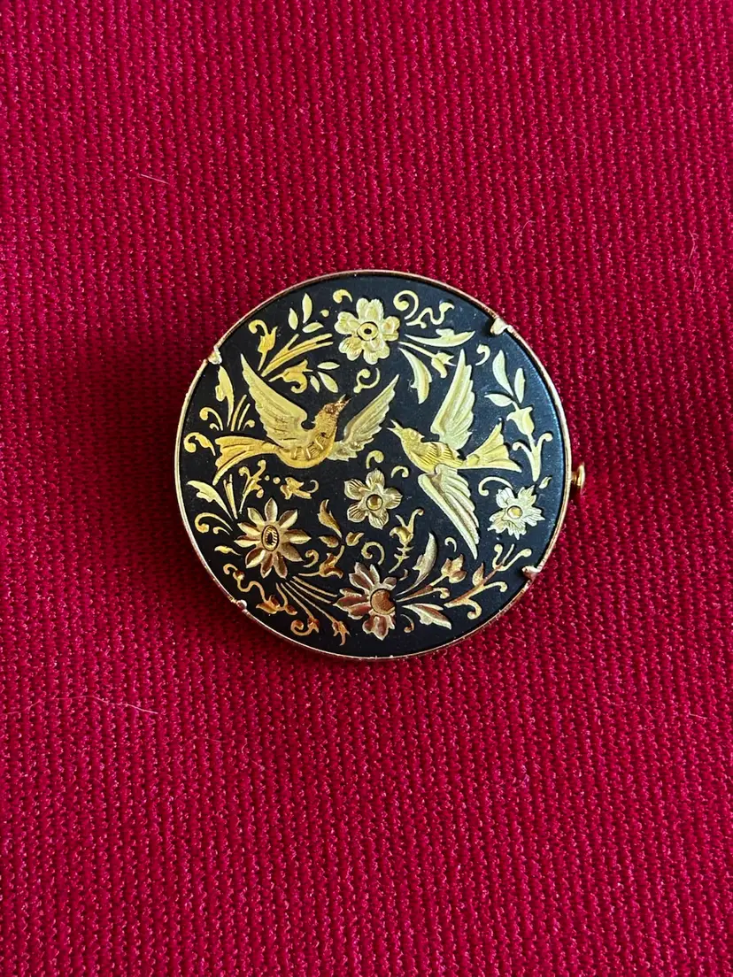 Vtg Damascene Floral Bird Brooch J258