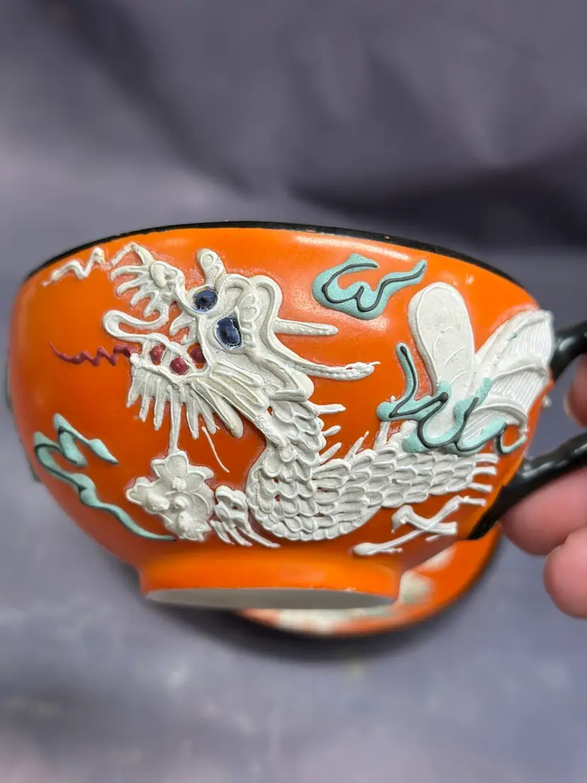 SALE Vintage Dragonware Blue Eyed Flying Dragon Orange Made In Japan Teacup & Saucer