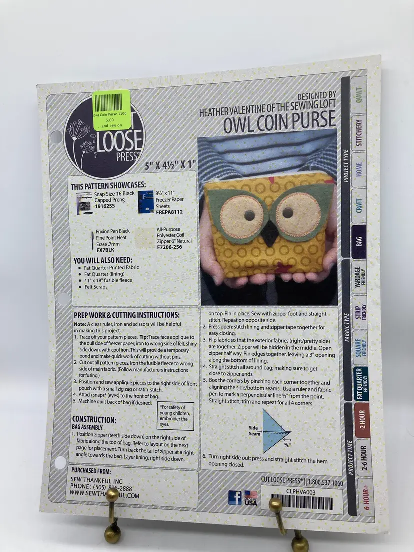 New Owl Coin Purse Pattern Finished Size 5" X 4.5" X 1" By Cut Loose Press Sew