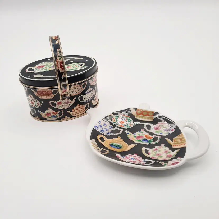 Vintage Department 56 Teapot Tea Leaves Tin Basket & Tea Bag Trinket Dish