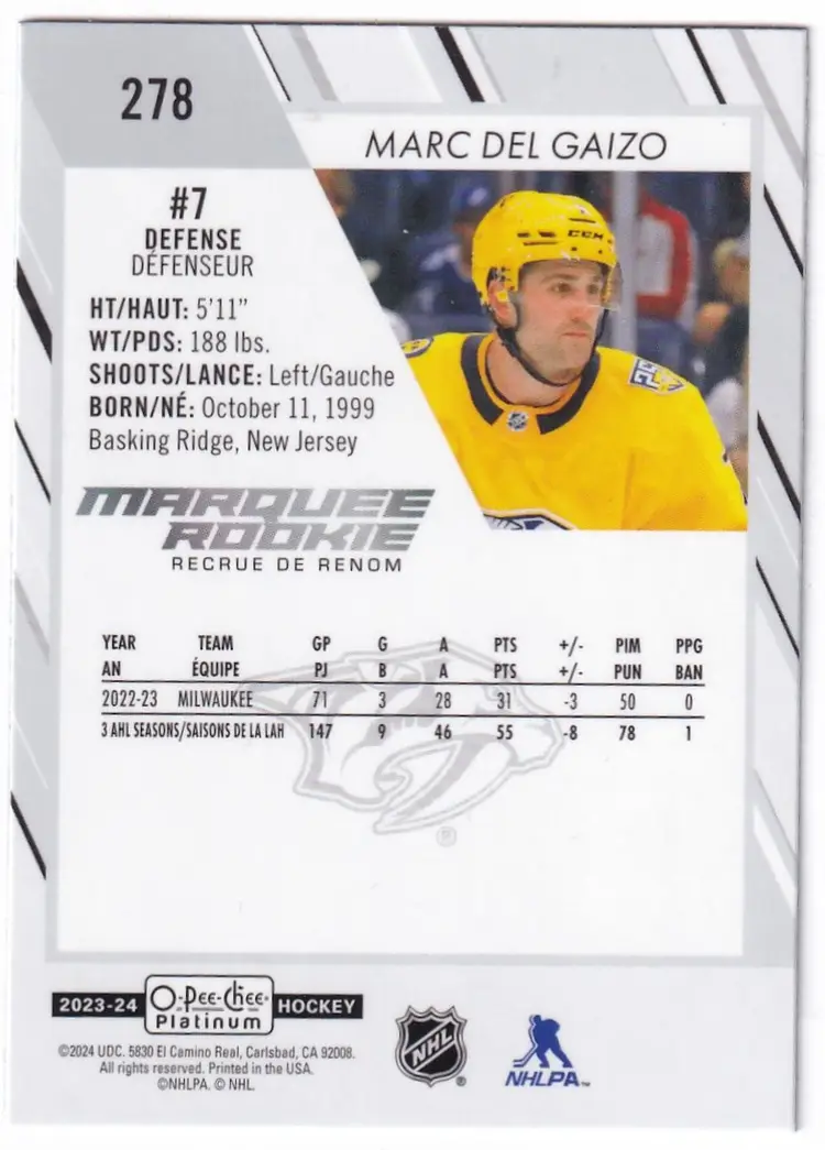 2023-24 O-Pee-Chee Platinum #278 Marc Del Gaizo RC Nashville Predators Hockey Card