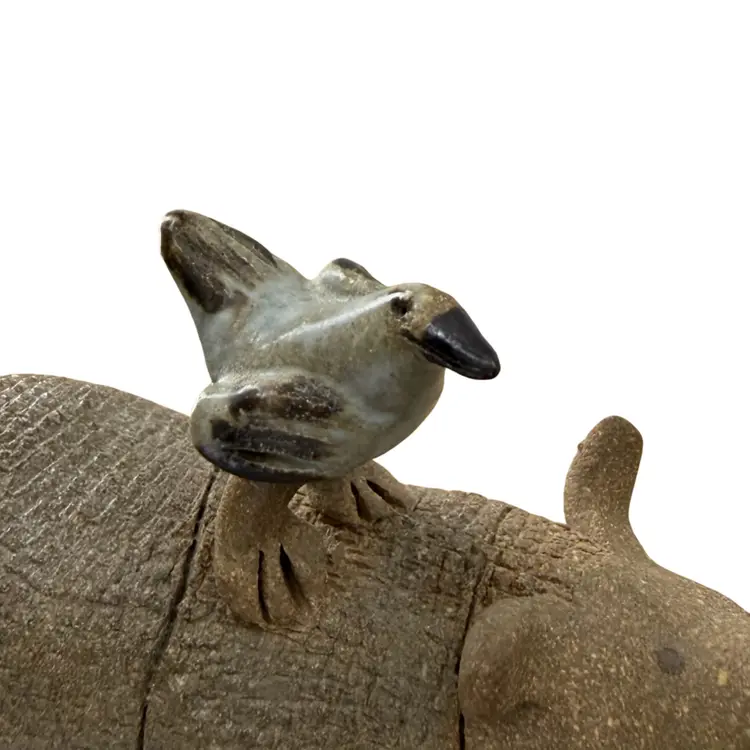 Studio Pottery Rhinoceros Figurine with Oxpecker Bird – Signed Artisan Stoneware
2.5” T x 3.25” L x 1.25” W
