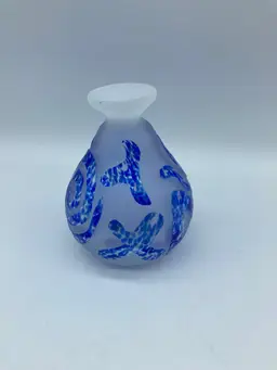 Art Glass Perfume Bottle, Abstract Blue Designs, Frosted Glass