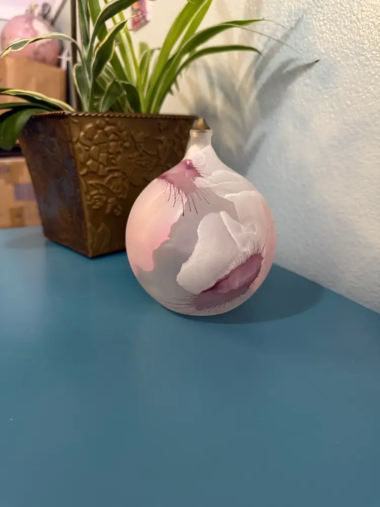 Akcam Vintage Handblown Art Glass Oil Lamp or Vase, Pink & White Swirl, Made in Turkey