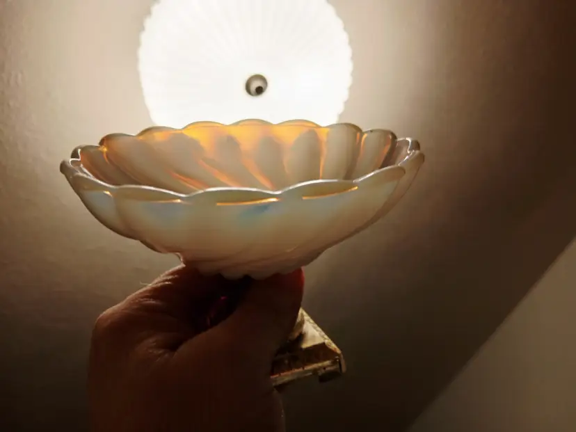 Vintage Opline  Milk Glass Compote with Ornate Base