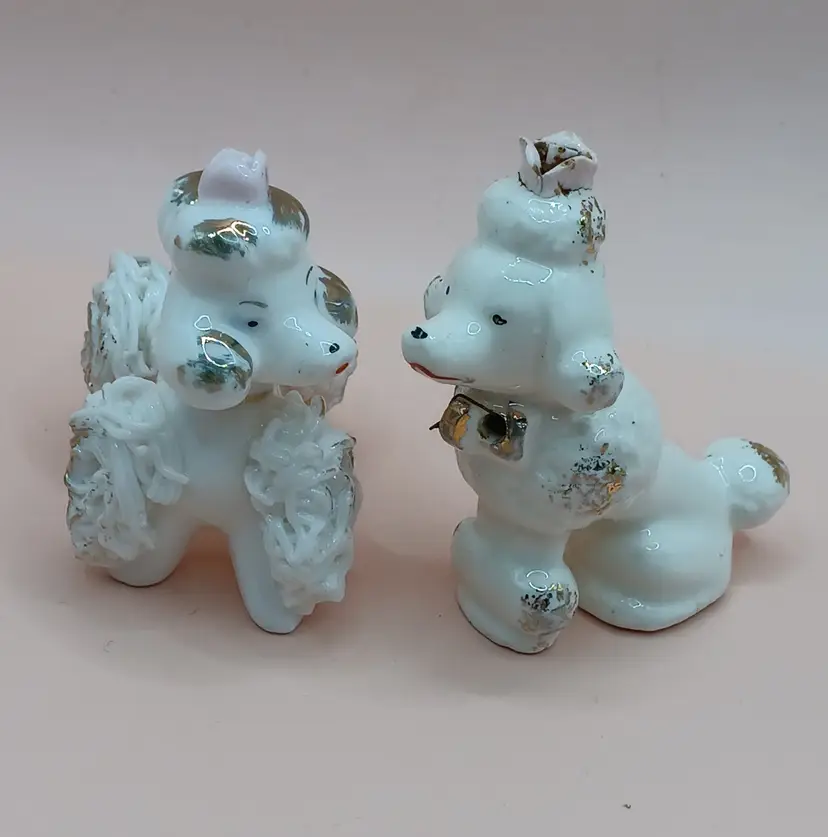 Pair of Vintage White Poodle Dogs Gold Accents Japan
