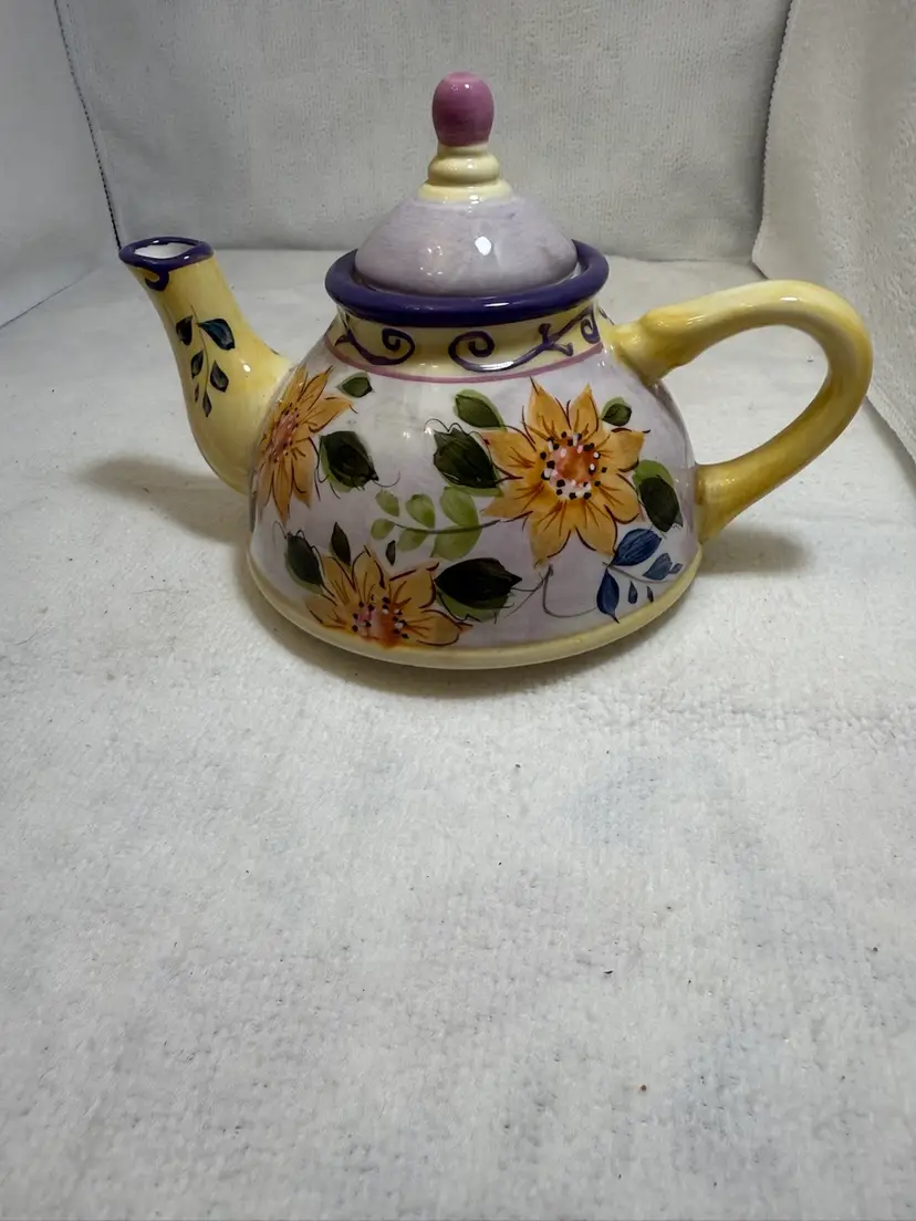 Vintage Personal Size Floral Ceramic Teapot with Yellow and Purple Accents