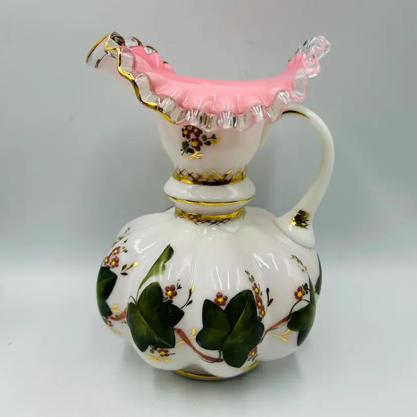 Vintage Fenton Glass Charleton Peach Crest Melon Pitcher Painted Ivy Leaves Gold