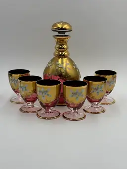 Czech Republic Crystalex Bohemian Purple Wine Vintage Decanter And Six Cordial Glasses