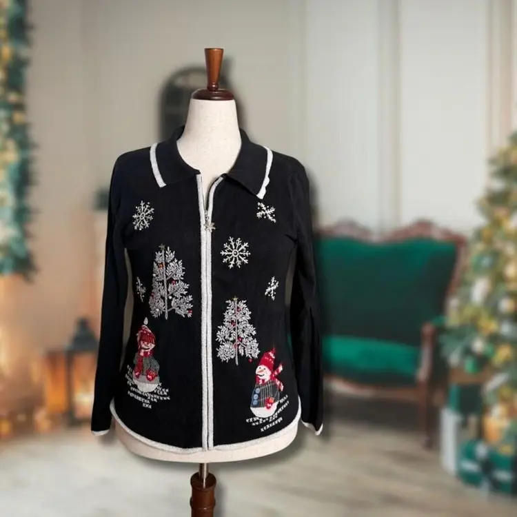 Y2K Era Full Zip Christmas Sweater Snowman Christmas Tree Designers Original Studio Joy Large FLAW READ