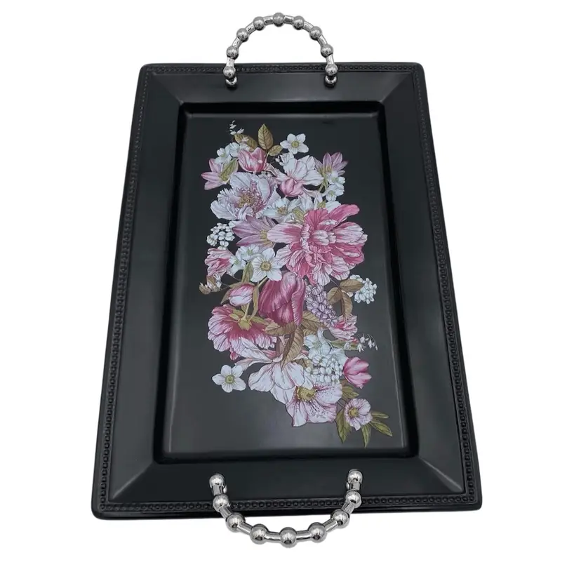 Luxury Ceramic Serving Tray w/Silver-Plated Handles, Black w/Pink Floral Design, 15”