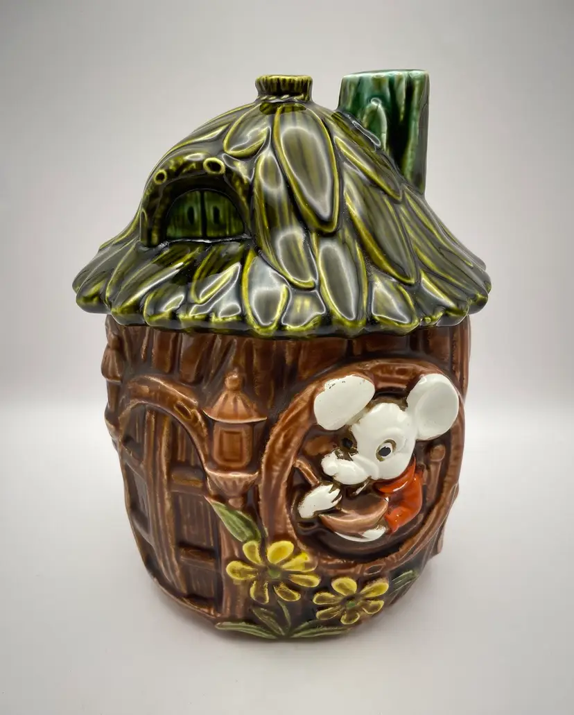 Vintage, 2 pc, Green/Brown/Yellow/Orange, Glazed and Cold Painted Cookie Jar With Mouse In His Tree House With Flowers. Ray Control Sticker. Made In Japan