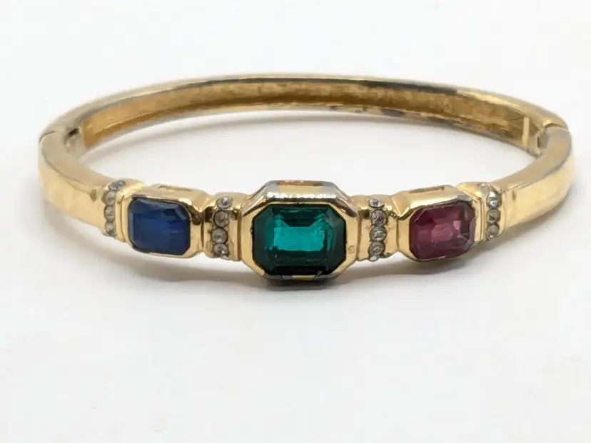 Vintage Grosse Gold Tone Latch Bracelet with Faux Ruby Sapphire Emerald READ