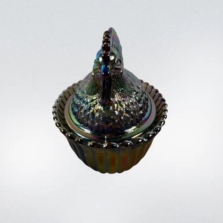 Westmoreland Titanium Carnival Glass Rooster on a Nest 5.25” Poured by Rosso