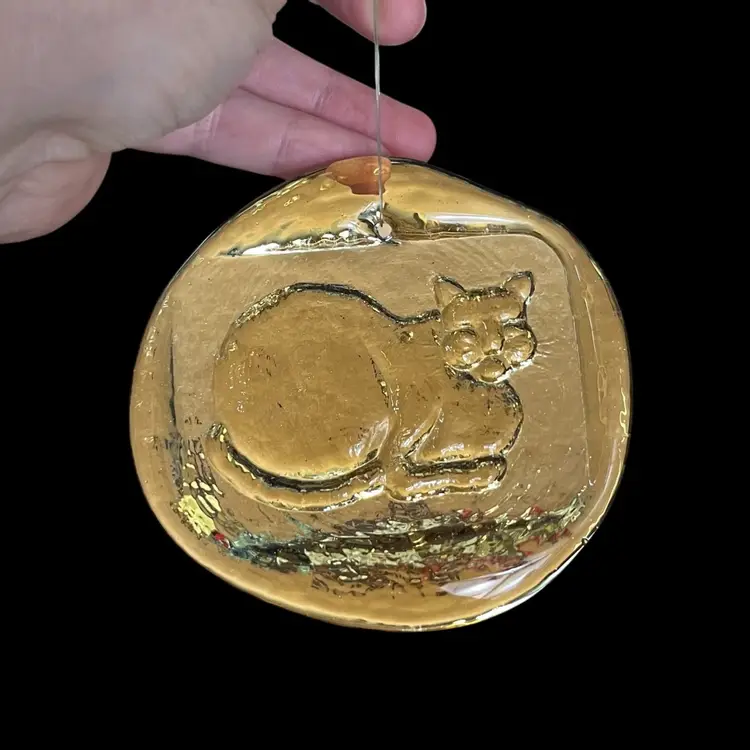 Pressed Glass Cat Laying Down Suncatcher, Yellow Glass Sun Catcher, Yellow Glass Cat Ornament, Wall Hanging, Yellow Cat Art Glass Medallion, Decorative Glass Disk