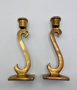 Vintage Heavy S Shaped Brass Candle Holders Set of 2 Solid Brass Metal Patina