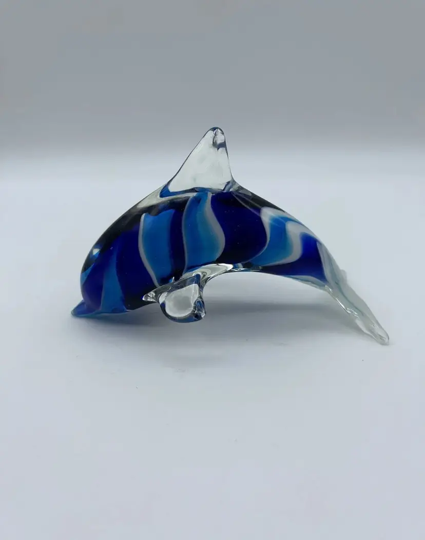 Art Glass Dolphin Cobalt Blue and Clear Glass Paperweight Striped 5.5Inches Long