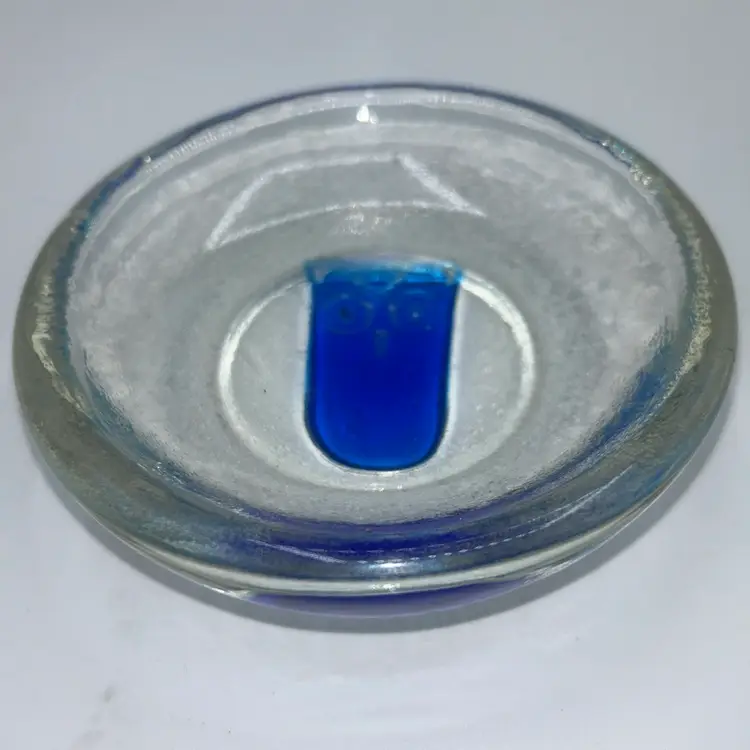 Vintage Artisan Crafted Art Glass Bowl Blue Owl in Center 5”