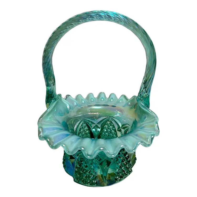 Fenton Button And Arch Sea Mist Green Opalescent Carnival Glass Basket
