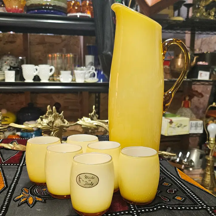 VTG HTF Amber Cased over White BUTTERSCOTCH Empoli Blown Glass Pitcher & 6 Small Glasses w/Sticker