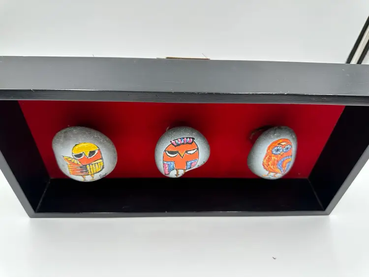 Signed MCM hand Painted Three Owl Shadow Box Wall Hanging Art