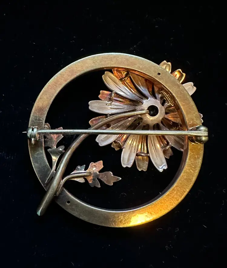 1940’s Retro 14kt Solid Gold & Amethyst Daisy Flower Circle Pin 14 grams