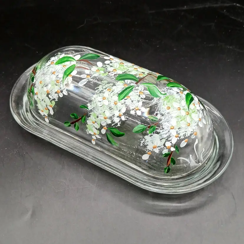 #215 - Hand-painted Clear Glass Butter Dish, White Florals With Gold Details
