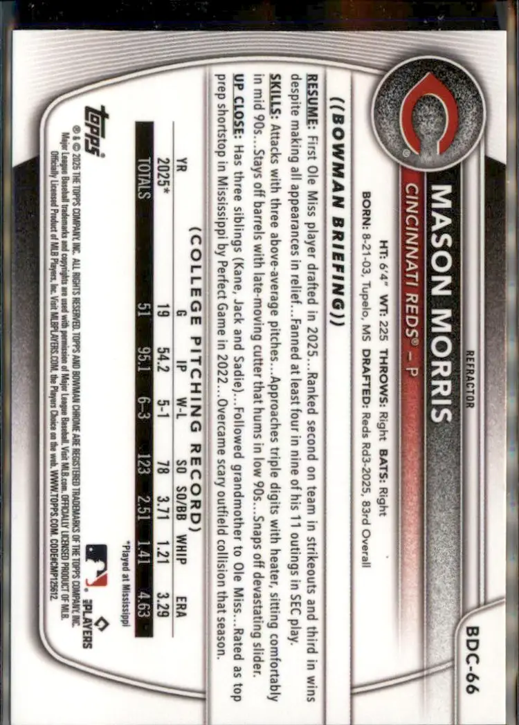 2025 Bowman Draft #BDC-66 Mason Morris Chrome Refractor - (138) - Cincinnati Reds