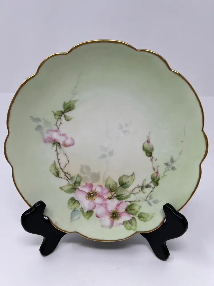 Antique Limoges France Pink Flowers w/ Gold Cabinet Wall Plate Green Background