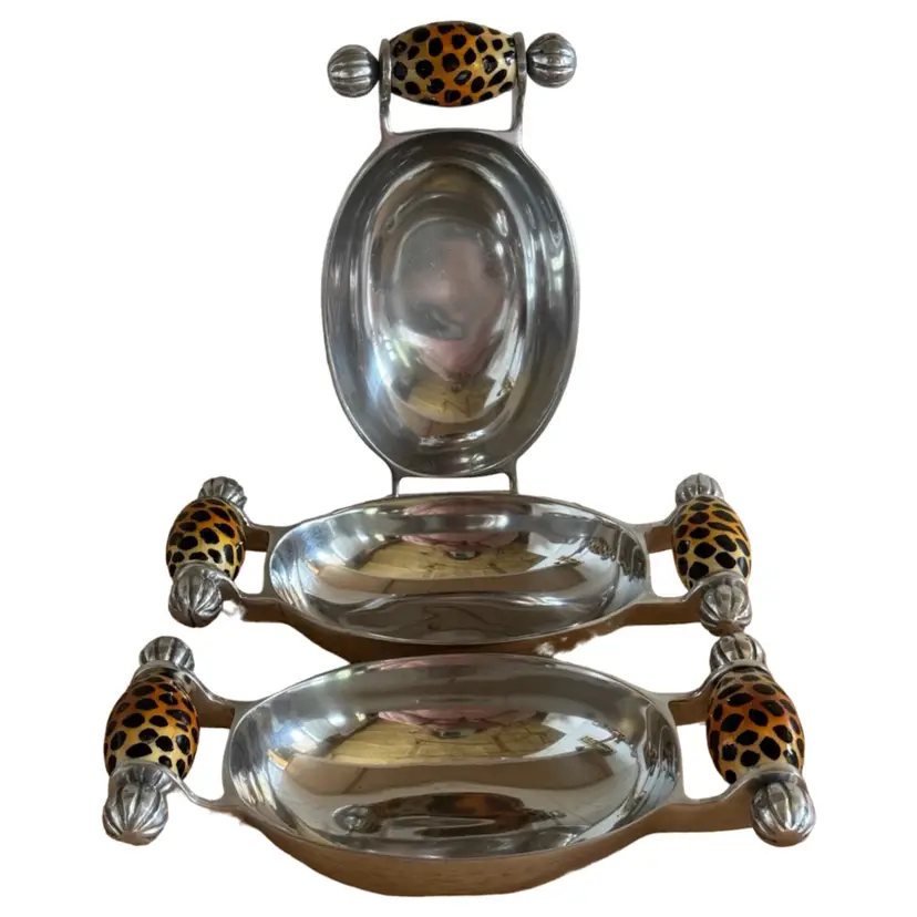 Set Of Three Leopard Handle, Pewter Serving Condiment Dishes