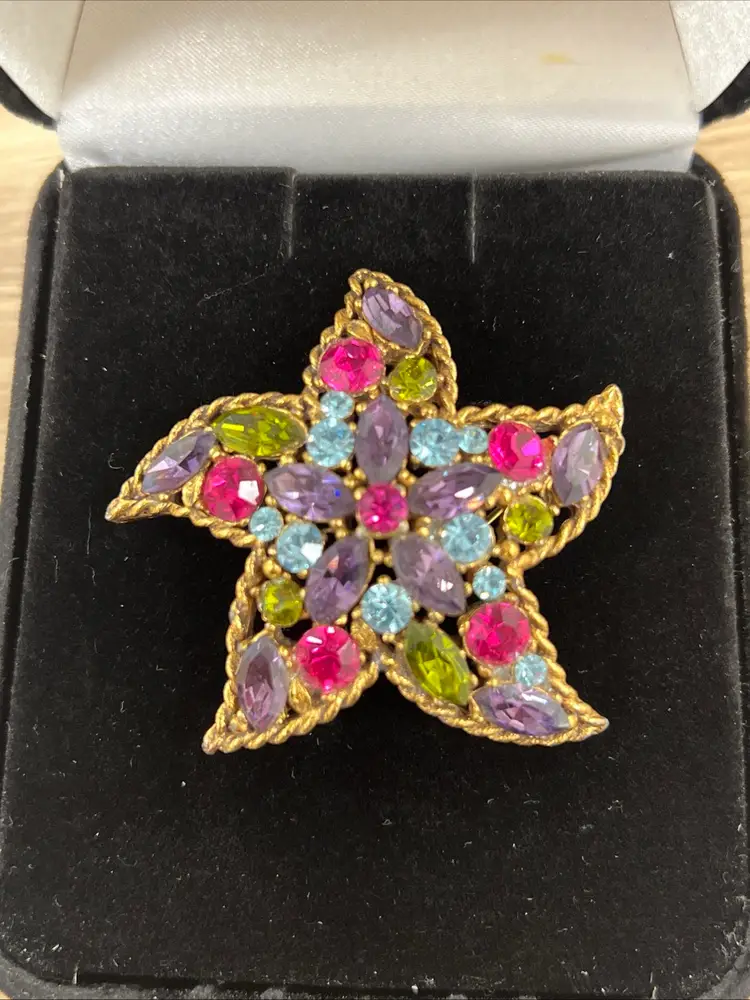 Regency Star Pin Brooch Multicolored Rhinestone MCM Gold Tone 1950’s Signed EUC
