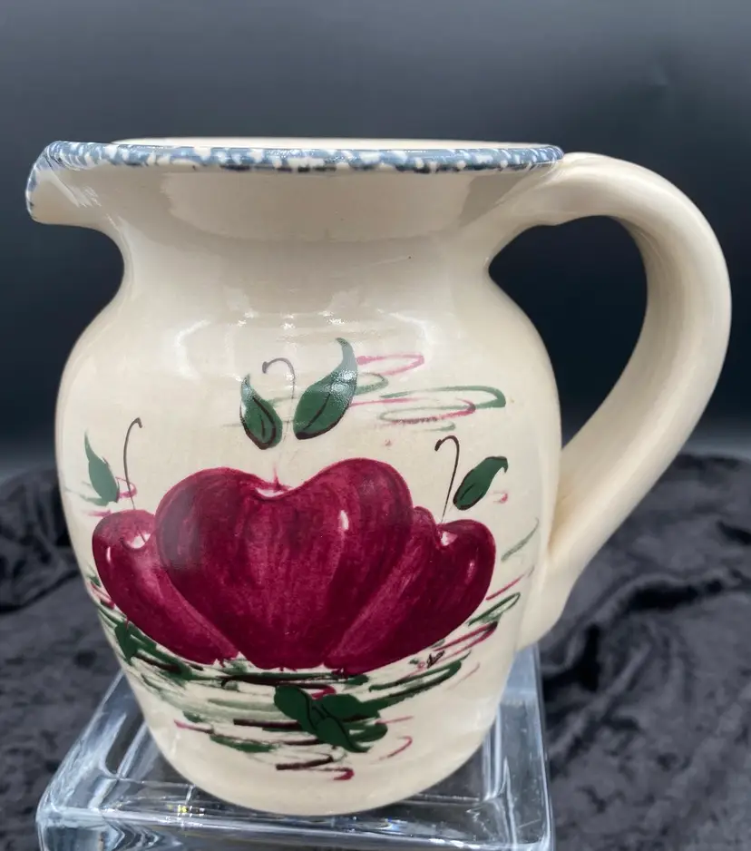 Vintage Casey Pottery, Marshall, Texas, Hand Made 6" Pitcher, Red Apples w/Swirls