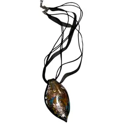 #01 - Murano Glass Dichroic Teardrop Pendant On Cord Necklace Adjustable 16” -20”