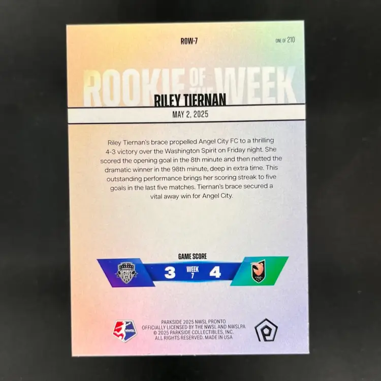 Riley Tiernan 2025 NWSL Parkside Pronto Rookie Of The Week Subscriber Exclusive /210 Soccer Card #ROW7